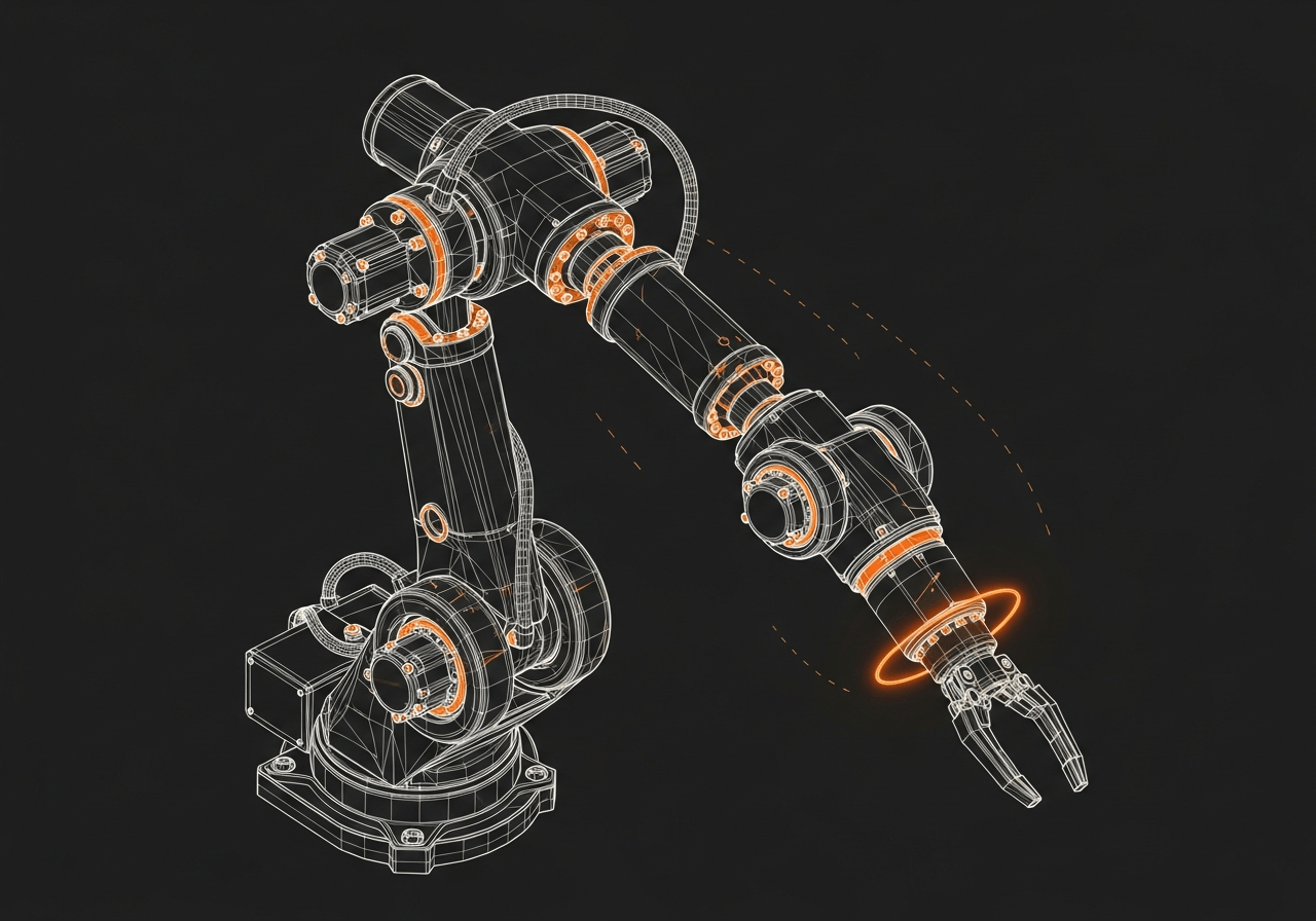 Exploded technical view of a six-axis robotic arm