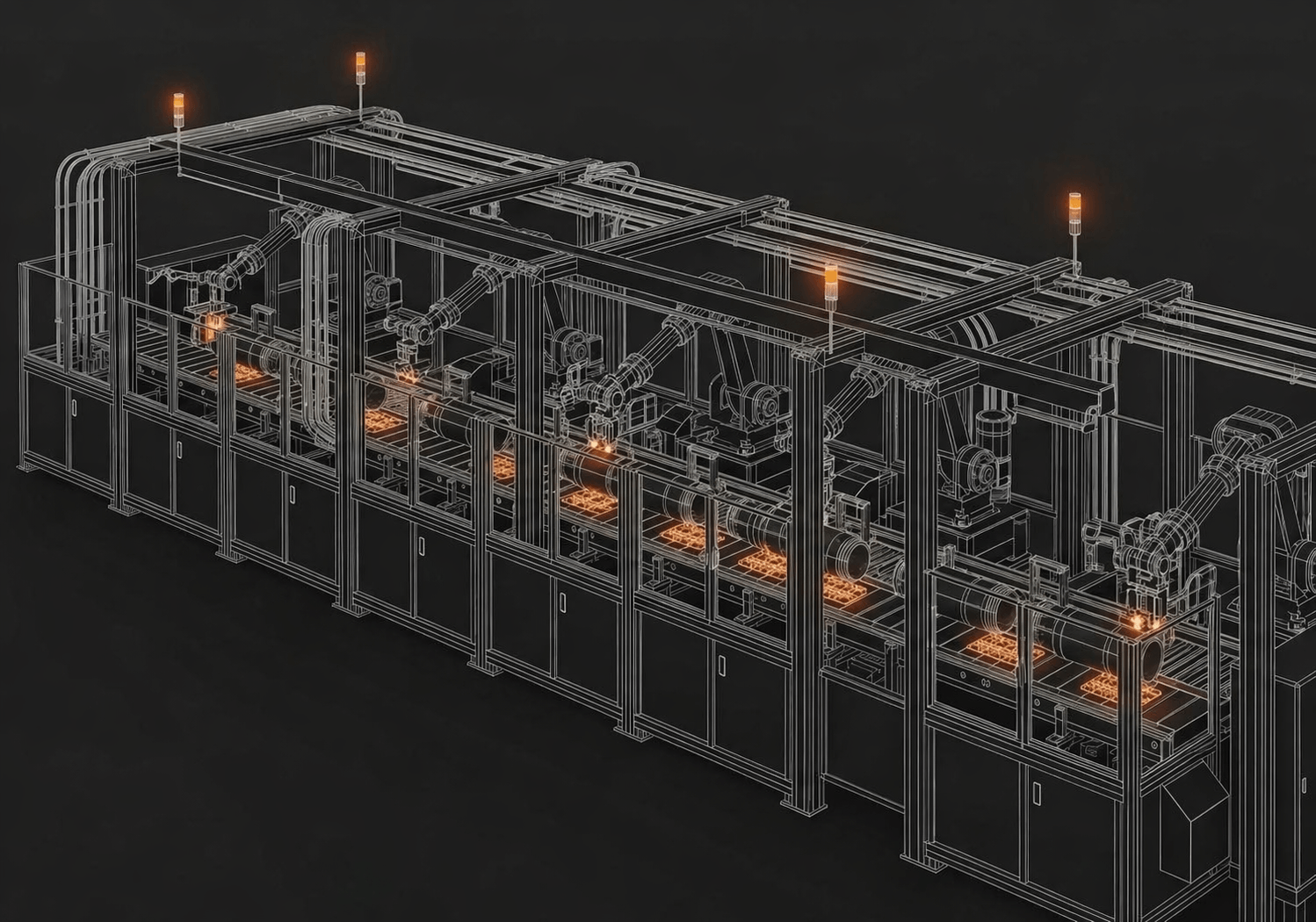 Cinematic wireframe of an autonomous munitions assembly line