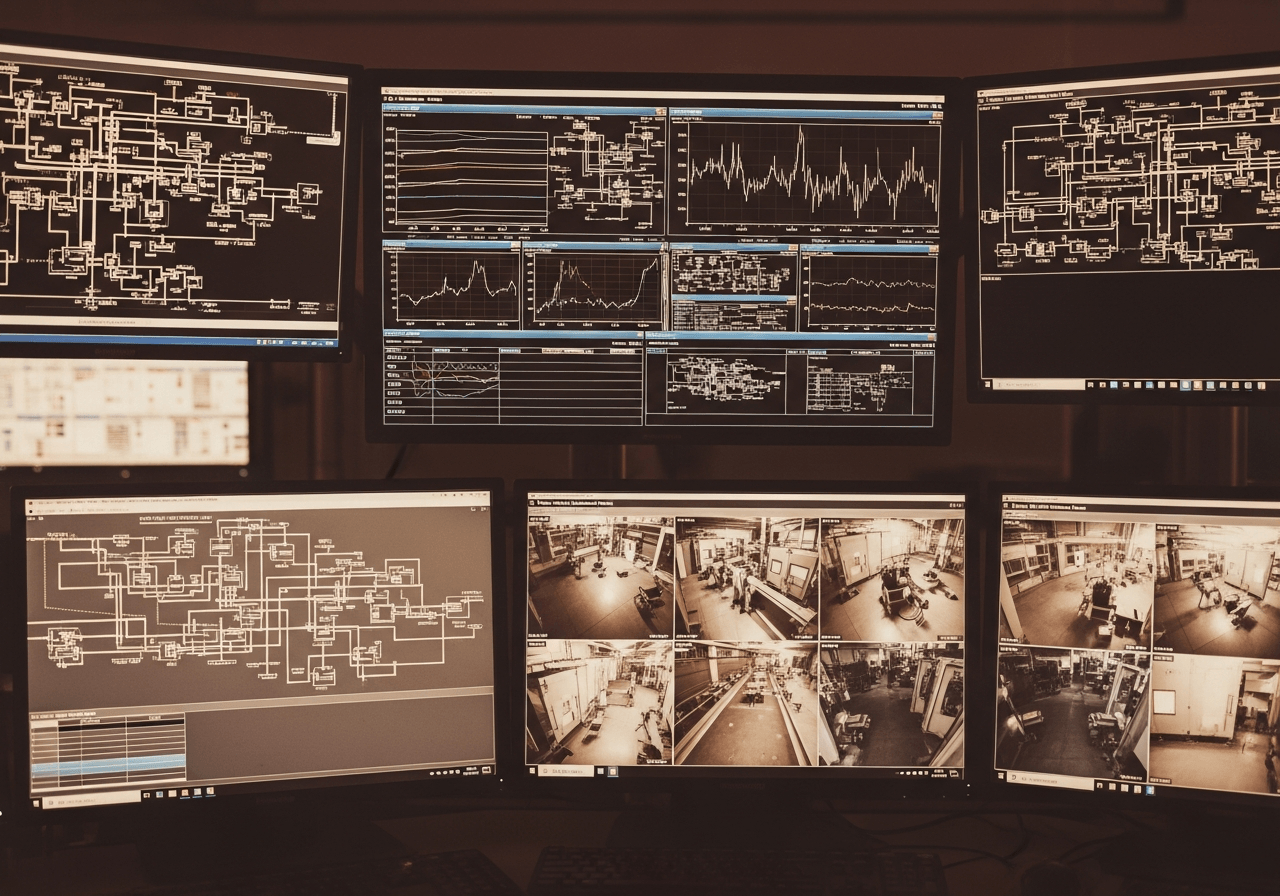 Control room with production monitoring systems